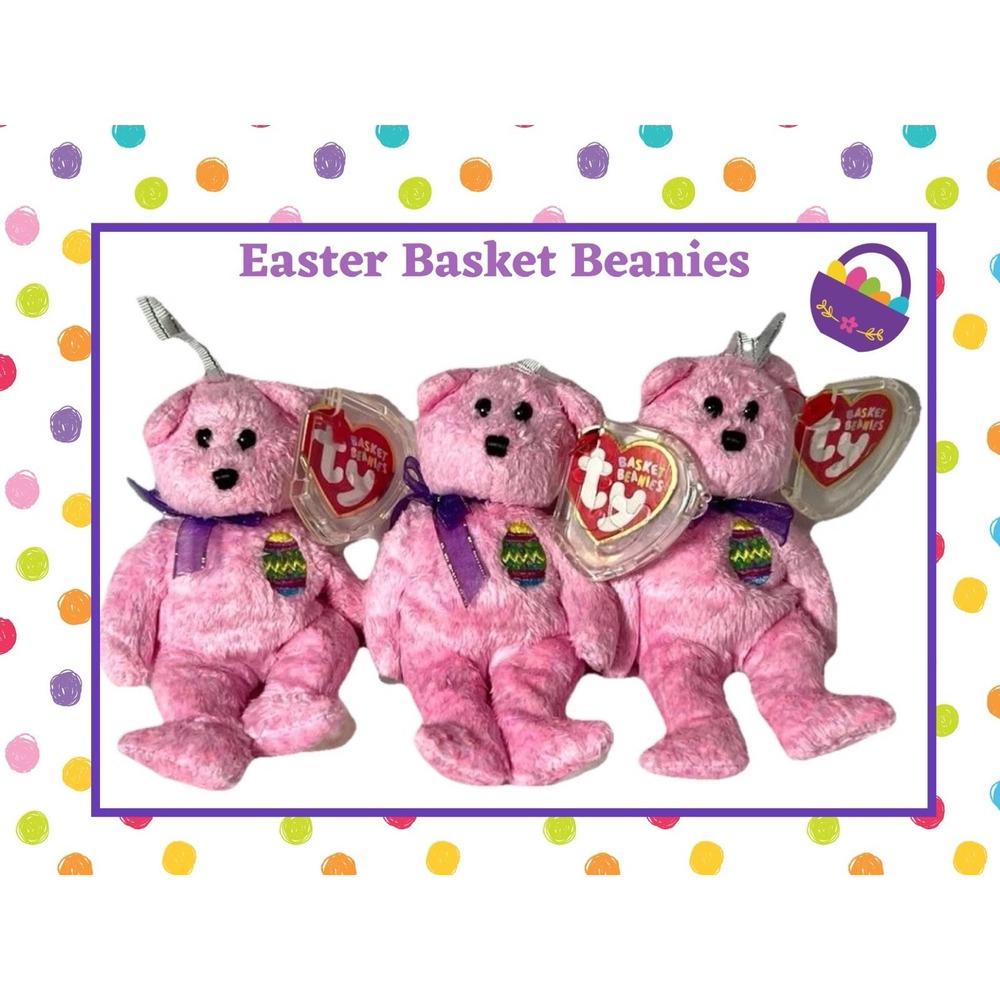 3 TY Basket Beanie Babies - EGGS‎ the Bear  5 inch - New With Tags Pink